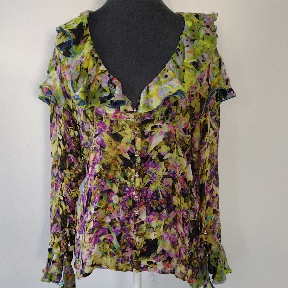 Roberto Cavalli 100% Silk Floral Button Down Shirt - Multicolor. Size EU 42 - Picture 3 of 17